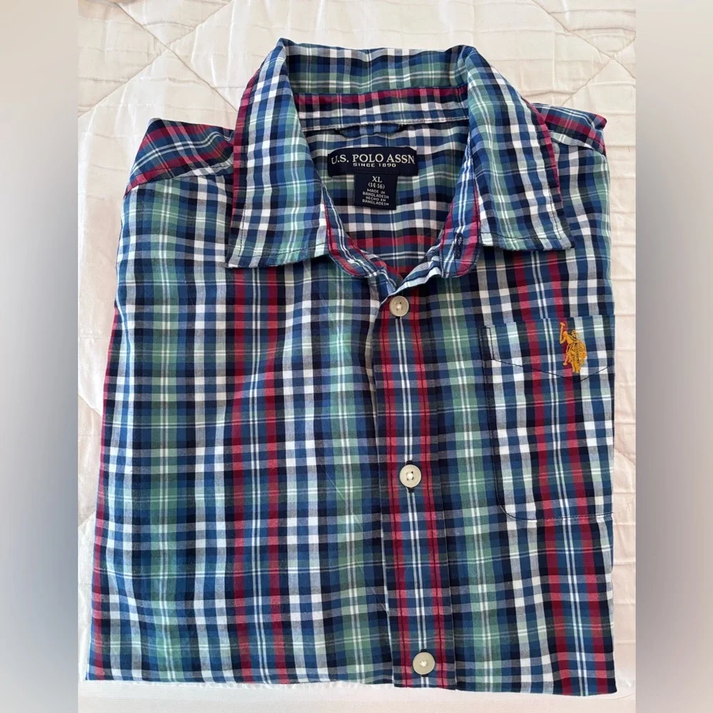 U.S. Polo Assn Boys Button Down Blue/Red Plaid Shirt XL
